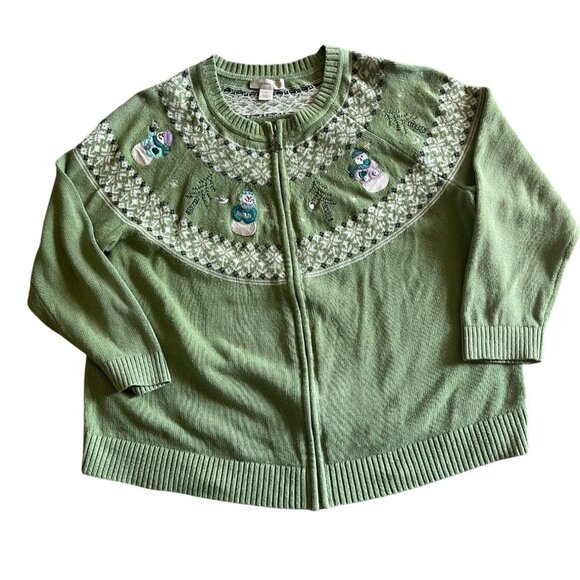 CJ Banks Women's Christmas Sweater Green Zip Front Snowmen Size 2X - Picture 2 of 14